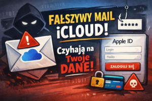 Grafika ostrzegająca przed oszustwem – fałszywy mail iCloud podszywający się pod Apple.